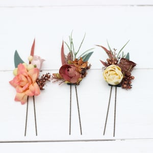 Set of 3 hair pins Terracotta rust peach hair pins Fall wedding Hair accessories Bridal flowers Floral hair pins  Hairpiece Bridesmaid