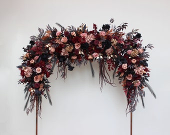 Dusty rose burgundy black gold arch arrangement Arch flowers Fall wedding Halloween archway flowers Pergola flowers Wedding arch