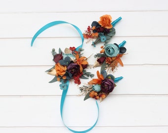 Teal rust gold plum mustard accessories Navy blue orange flowers Boutonniere Buttonhole Wedding flowers Groom Wrist corsage Groomsmen