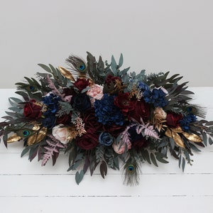 Burgundy navy blue blush pink gold flowers Boho wedding Flower arch arrangement Wedding corner swag Faux flowers wedding arrangement