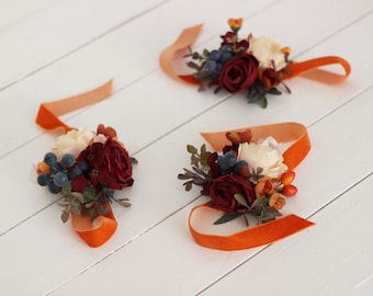 2-5 days to USA One wrist corsage Rust burgundy ivory flowers Rust wedding