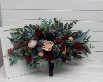 Burgundy navy blue blush pink flowers Bridal bouquet Faux bouquet Blue thistle Wedding Faux flowers Boho wedding Posy bouquet
