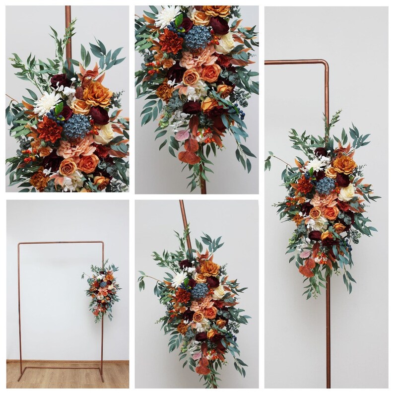 Rust burgundy flowers Flower arch arrangement Wedding corner swag Faux flowers wedding arrangement Orange burgundy fall wedding image 8