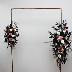 Dusty rose black cinnamon white arch arrangement Halloween wedding Faux flowers Wedding arrangement