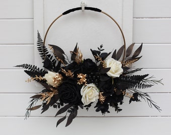 Ivory black gold hoop Alternative bridesmaid bouquet Boho wedding Floral backdrop Fall wedding Halloween wedding