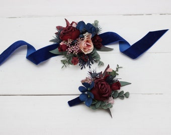 Burgundy navy blue  flower accessories Boutonniere  Wrist corsage Groom Wedding accessories Burgundy wedding