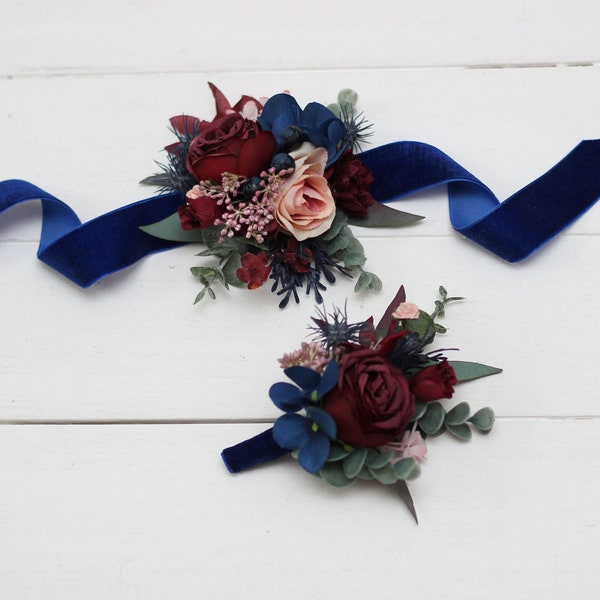 Burgundy navy blue  flower accessories Boutonniere  Wrist corsage Groom Wedding accessories Burgundy wedding