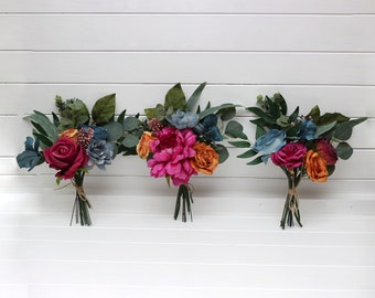 Mini bouquets for vases Green orange magenta teal bouquet Faux bouquet Fall wedding  Silk flowers Boho wedding Flowers for decor
