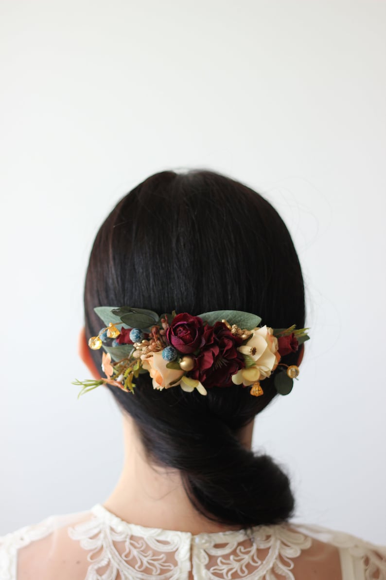Burgundy navy gold flower Deep red Eucalyptus floral headband Bridal hair wreath Wedding flower halo Maternity crown Bridesmaid crown