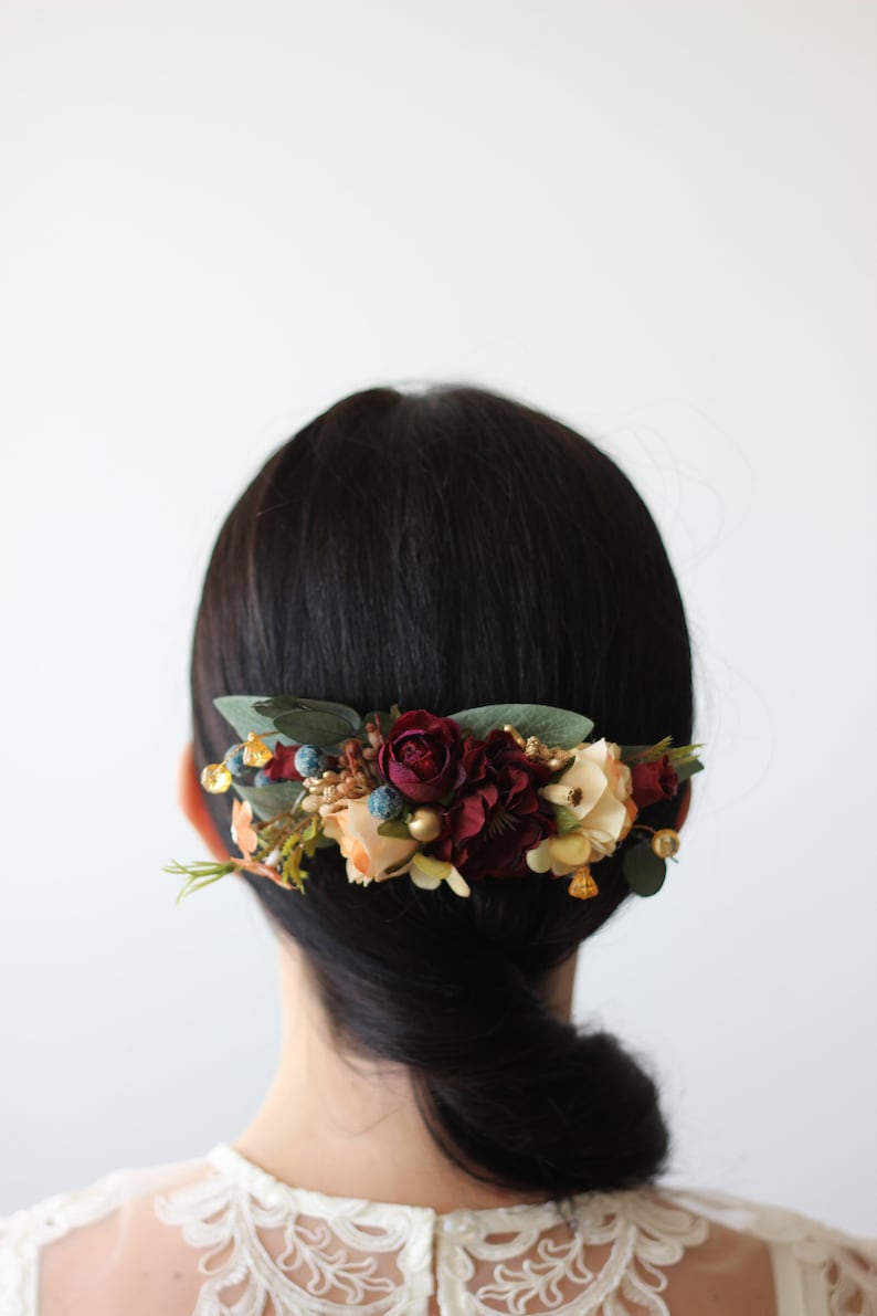 SALE Burgundy navy gold flower Deep red Eucalyptus floral headband Bridal hair wreath Wedding flower halo Maternity crown Bridesmaid crown Large comb