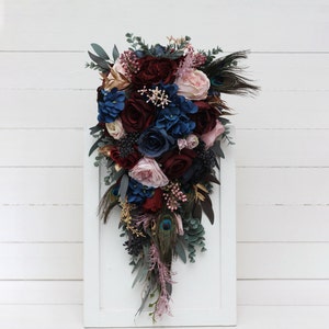 Burgundy navy blue blush pink gold flowers Cascading bridal bouquet Faux bouquet Blue thistle Wedding silk flowers Boho wedding