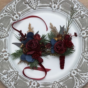 Winter wedding Burgundy navy blue gold boutonniere Pine accessories Classic wedding Burgundy silk flowers Wrist corsage