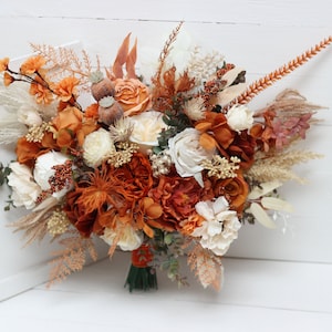 Burnt orange ivory bouquet Cream rust flowers Bridal bouquet Faux bouquet Fall wedding  Faux blooms Boho wedding-size 16 inch