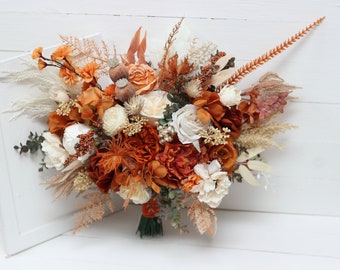 Burnt orange ivory bouquet Cream rust flowers Bridal bouquet Faux bouquet Fall wedding  Silk flowers Boho wedding-size 16 inch