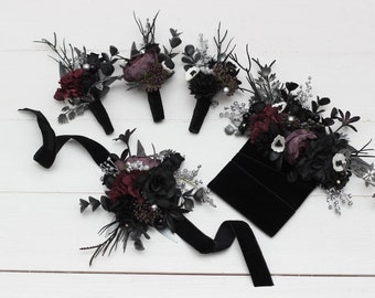 Purple black silver flowers Flower accessories Boutonniere Buttonhole Groom Groomsmen Halloween wedding Wrist corsage