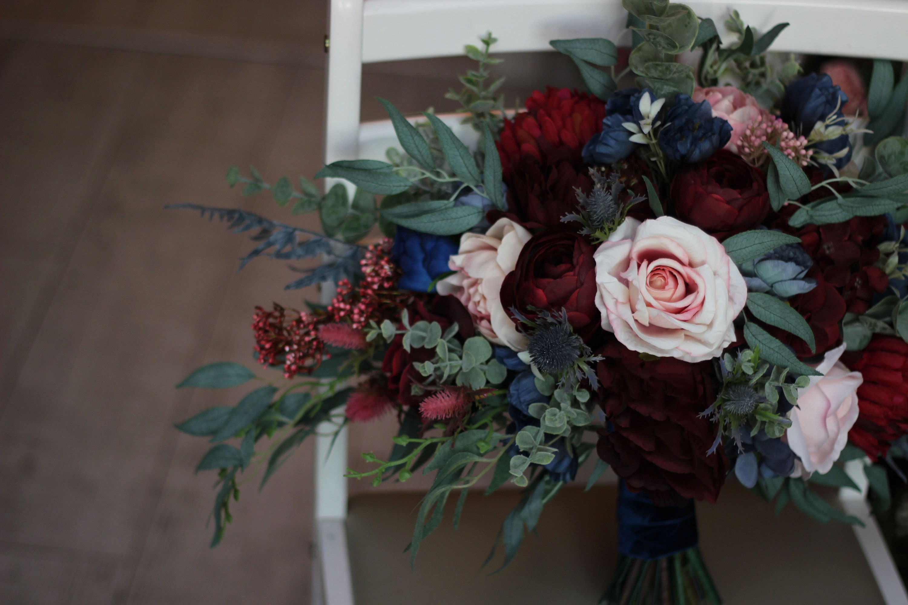 Wedding Flowers  Ex Large Posy Bouquet Navy & White & Pink with Thistles 