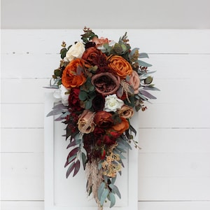 Cascading bouquet Burgundy rust ivory cinnamon  flowers Bridal bouquet Faux bouquet Fall wedding  Boho wedding Faux blooms  Anemone bouquet