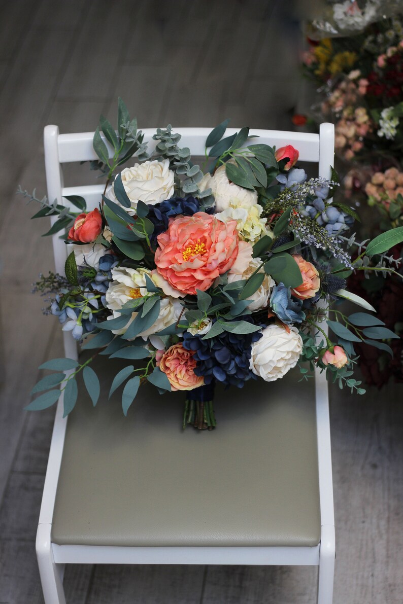 Navy Blue Ivory Coral Bouquet Bridal Bouquet Faux Bouquet Etsy