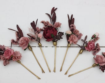 Set of 7 bobby pins Burgundy dusty rose Fall wedding Hair accessories Bridal flowers Flower hair pins Floral hair pins  Hairpiece Bridesmaid