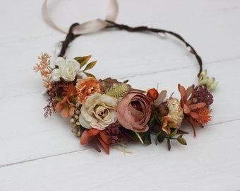 Boho flowers Terracotta ivory flower crown Flower accessories Wedding flowers Fall wedding Flower girl crown