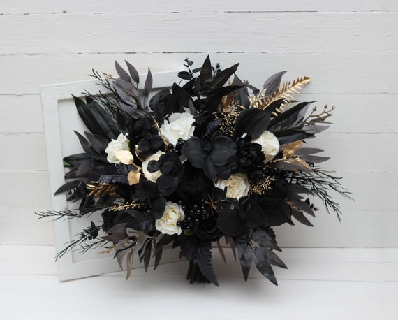 Ivory black gold bridal bouquet Halloween wedding Boho wedding flowers Faux flowers wedding arrangement Gothic wedding