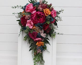 Jewel-tone wedding Emerald green orange magenta teal flowers Bridal bouquet Faux bouquet Boho wedding Wedding flowers Cascade bouquet