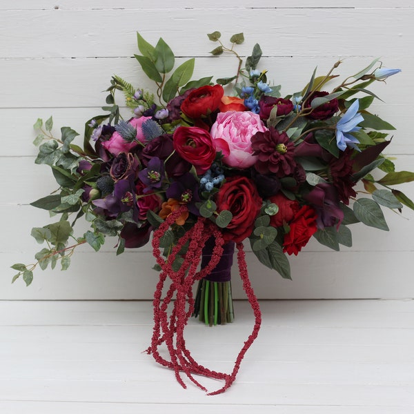 Jewel-tone wedding Emerald green orange pink purple flowers Bridal bouquet Faux bouquet Boho wedding Wedding flowers