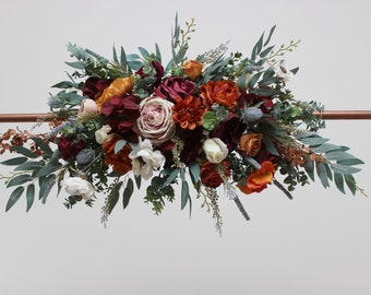 Rust burgundy arch flowers Fall wedding Orange burgundy wedding Arbor flowers Archway Wedding flower arch Floral arrangement Pergola flowers