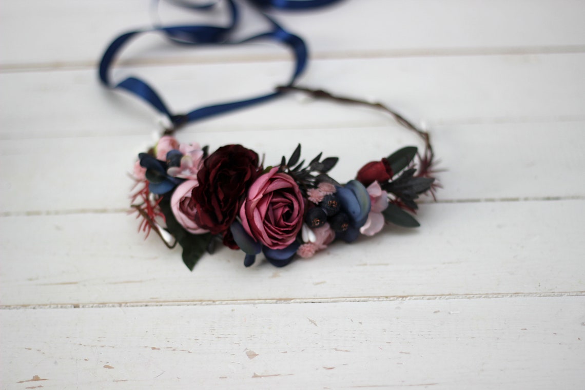 Navy blue burgundy flower crown Flower girl headpiece Burgundy | Etsy