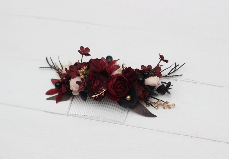 Halloween wedding Burgundy black gold beige flower comb Fall wedding Floral comb Burgundy comb 0018 image 4