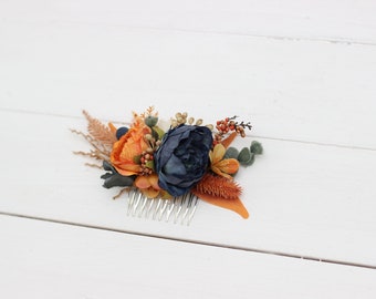 Burnt orange ivory accessories Navy blue mustard comb Wedding hair flowers Floral comb