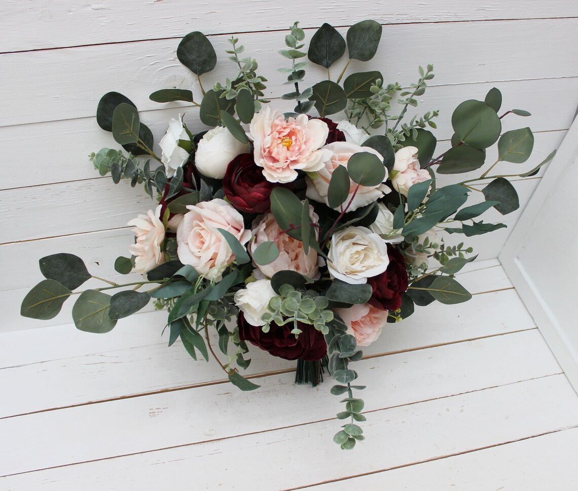 Burgundy Blush Pink Ivory Bouquet Bridal Bouquet Faux Bouquet Etsy