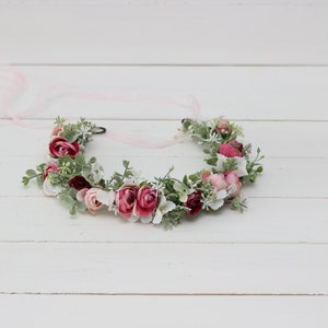 SALE Flower girl crown Pink white burgundy Eucalyptus floral crown Wedding hair wreath Bridal headpiece Bridesmaid headband Maternity crown image 6