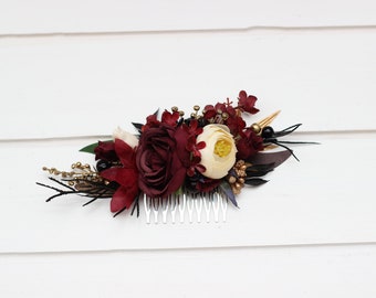 Burgundy black gold ivory flowers Floral comb Floral headpiece Bridal flower clip Fall wedding flowers Hair comb wedding hair accessories