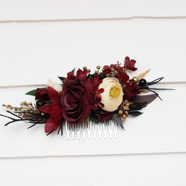 Burgundy black gold ivory flowers Floral comb Floral headpiece Bridal flower clip Fall wedding flowers Hair comb wedding hair accessories