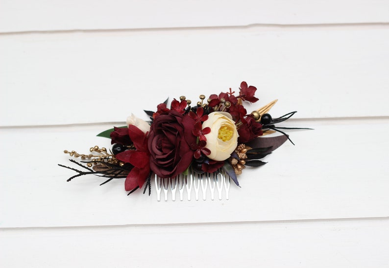 2-5 days to USA Burgundy black gold ivory flowers Floral comb Bridal flower clip Fall wedding flowers Wedding hair accessories image 1