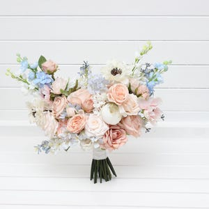 Soft pastel bridal bouquet Blush pink white dusty blue bouquet Summer wedding Wildflowers bouquet Bridesmaid bouquet Bridal bouquet