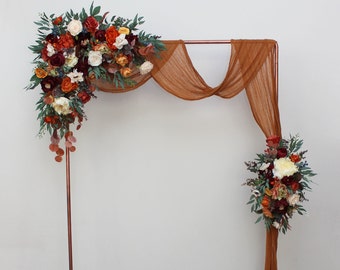 Rust burgundy flowers Flower arch arrangement Wedding corner swag Faux flowers wedding arrangement Orange burgundy fall wedding