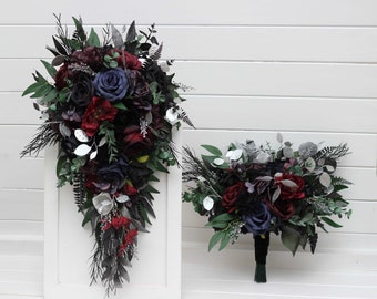 Purple black navy blue burgundy silver green bouquet Bridal cascading bouquet Faux bouquet Gothic Halloween wedding Bridesmaid bouquet