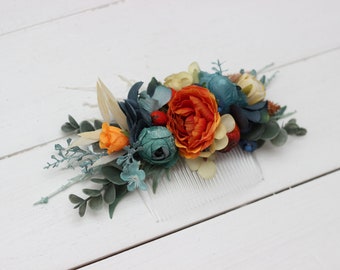 Dark teal rust flowers Navy blue orange accessories Floral comb Bridal floral clip Headpiece