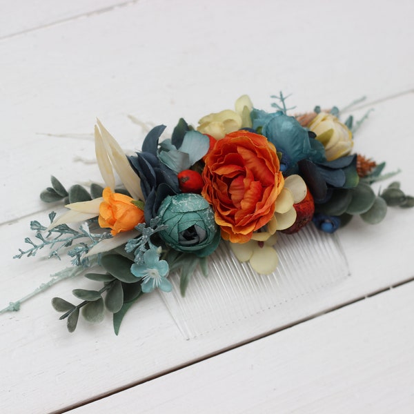 Dark teal rust flowers Navy blue orange accessories Floral comb Bridal floral clip Headpiece