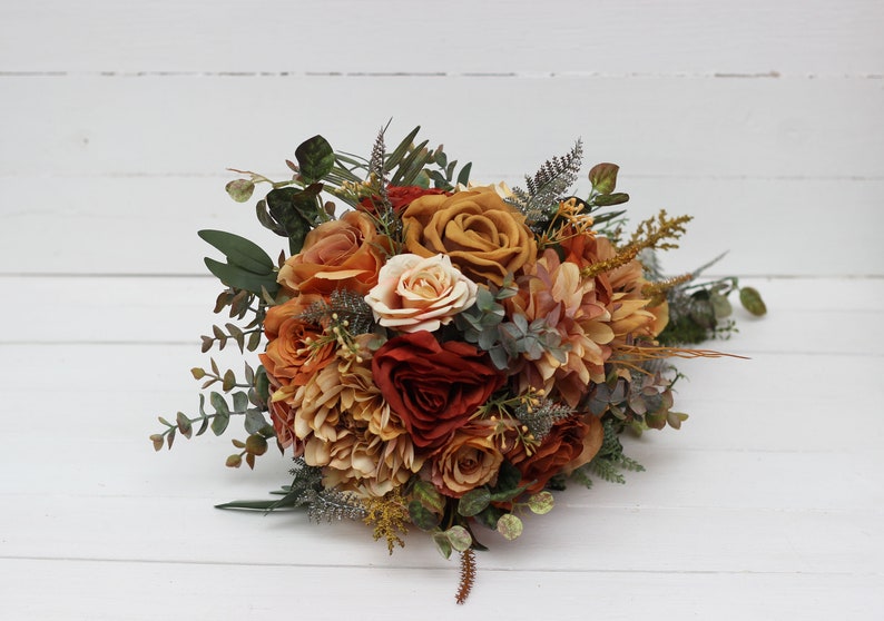 Cascading bouquet Fall wedding bouquet Rust orange gold Dahlia rose bouquet Faux bouquet Wedding flowers Boho wedding bouquet image 5