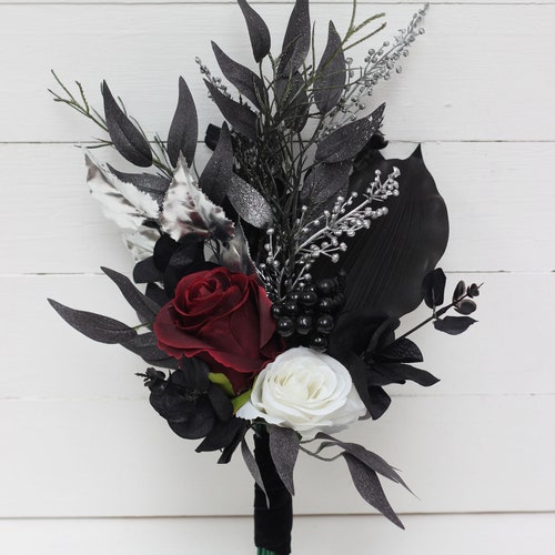 Faux and Silver Roses with Calla Lily Orange 10" Wedding Bouquet Black 