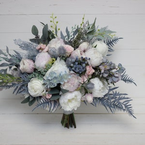 Dusty blue bridal bouquet -  Peonies blue thistle bouquet Bridesmaid flowers Pink wedding flowers