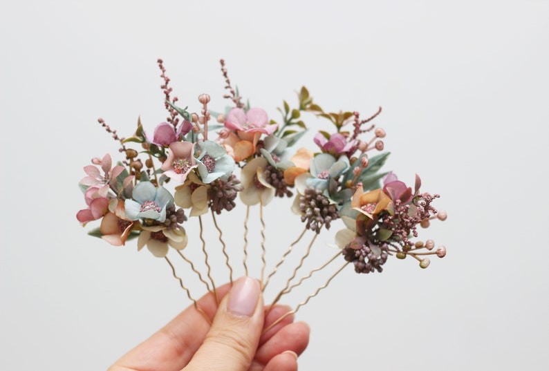 2-5 days to USA Set of 5 hair pins Pastel flower hair pins Dusty rose wedding Wildflowers pins Wedding flowers Bridesmaid pins-0004 image 2