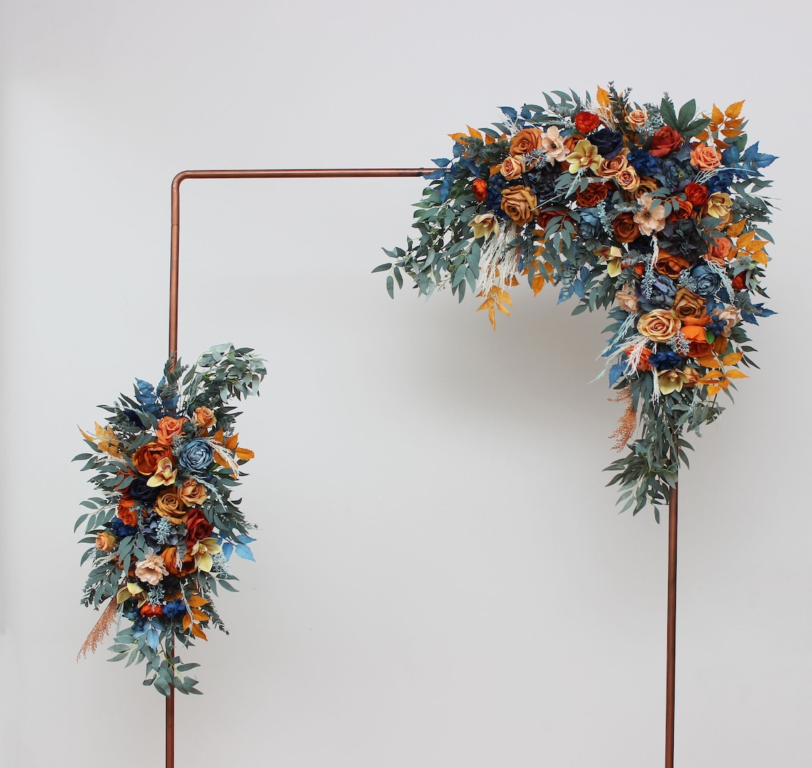 Dark teal rust bouquet Navy blue orange flowers Archway image 1