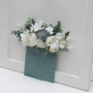 Pocket boutonniere White flowers sage green flower accessories Boutonniere Buttonhole Groom Groomsmen Blue thistle
