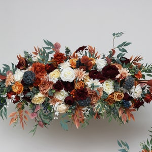 Rust burgundy flowers Flower arch arrangement Wedding corner swag Faux flowers wedding arrangement Orange burgundy fall wedding Top 4ft