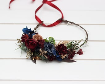 Winter wedding Burgundy navy blue gold flower crown Flower hair accessories Wedding flowers Floral crown Flower headband