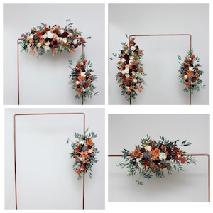 Rust burgundy flowers Flower arch arrangement Wedding corner swag Faux flowers wedding arrangement Orange burgundy fall wedding image 9